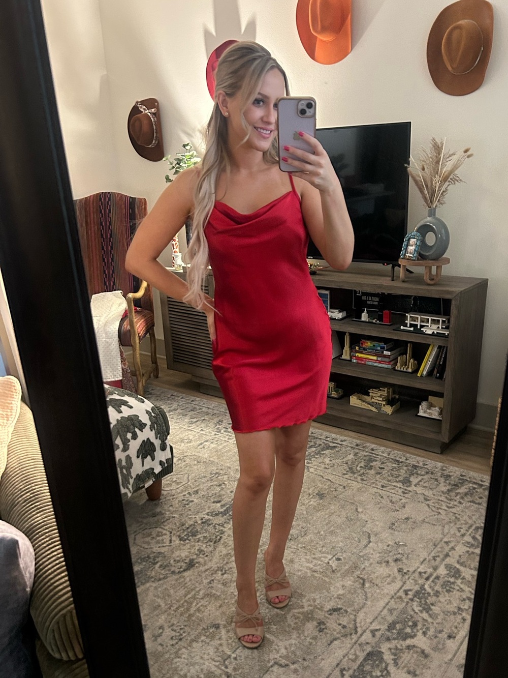 bebe Red Satin Cowl Neck Mini Slip Dress